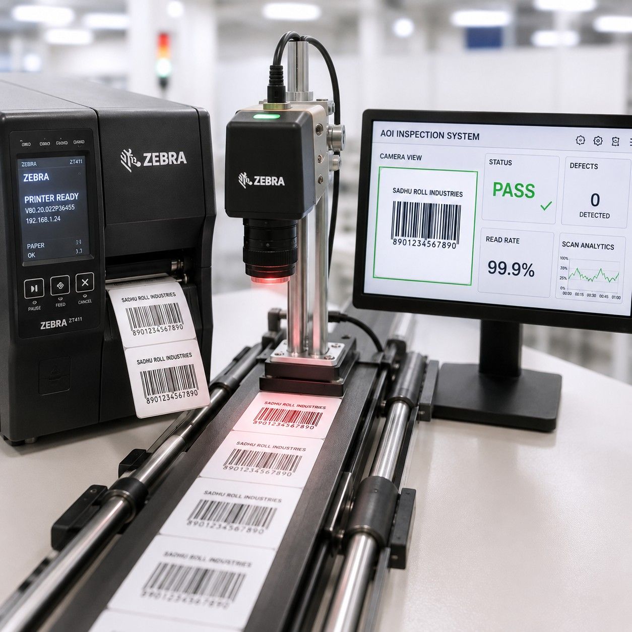 Automated optical inspection system scanning barcode labels with AOI quality control monitor showing pass status