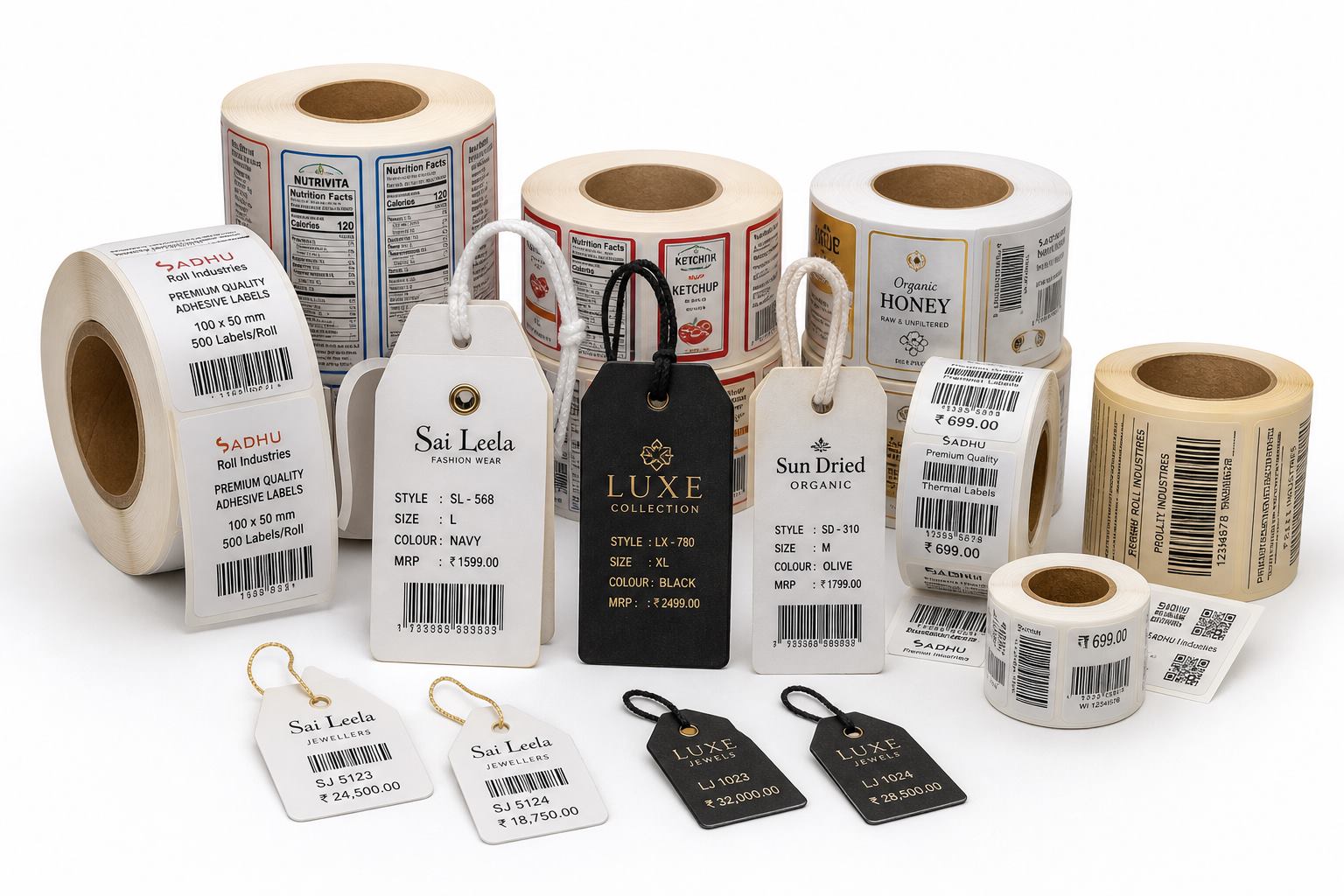 Custom product label rolls, brand hang tags and jewellery barcode tags