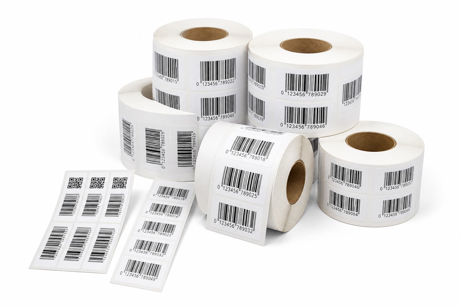 Industrial barcode label rolls and sticker sheets