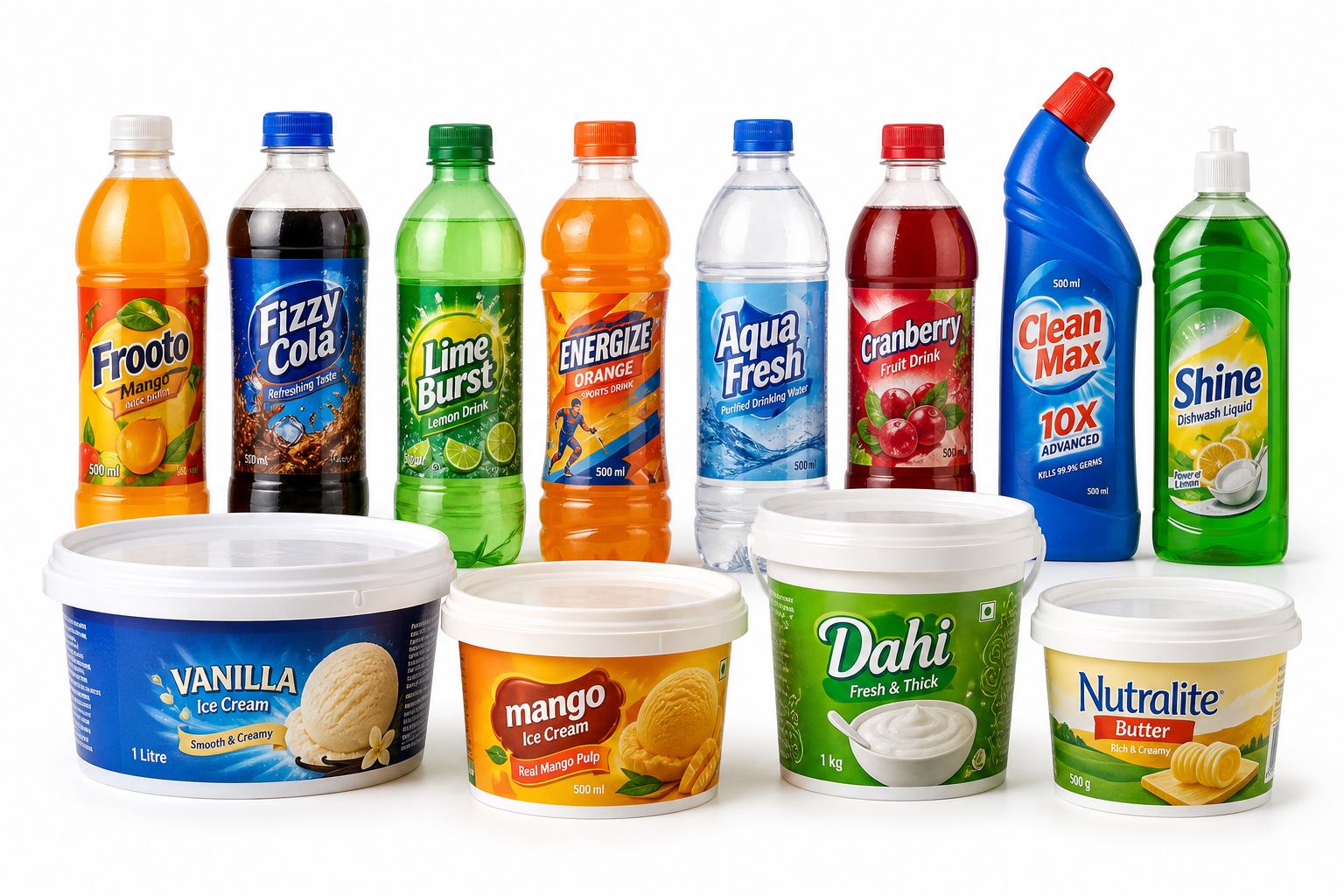 Shrink sleeve labelled bottles and in-mold labelled tubs