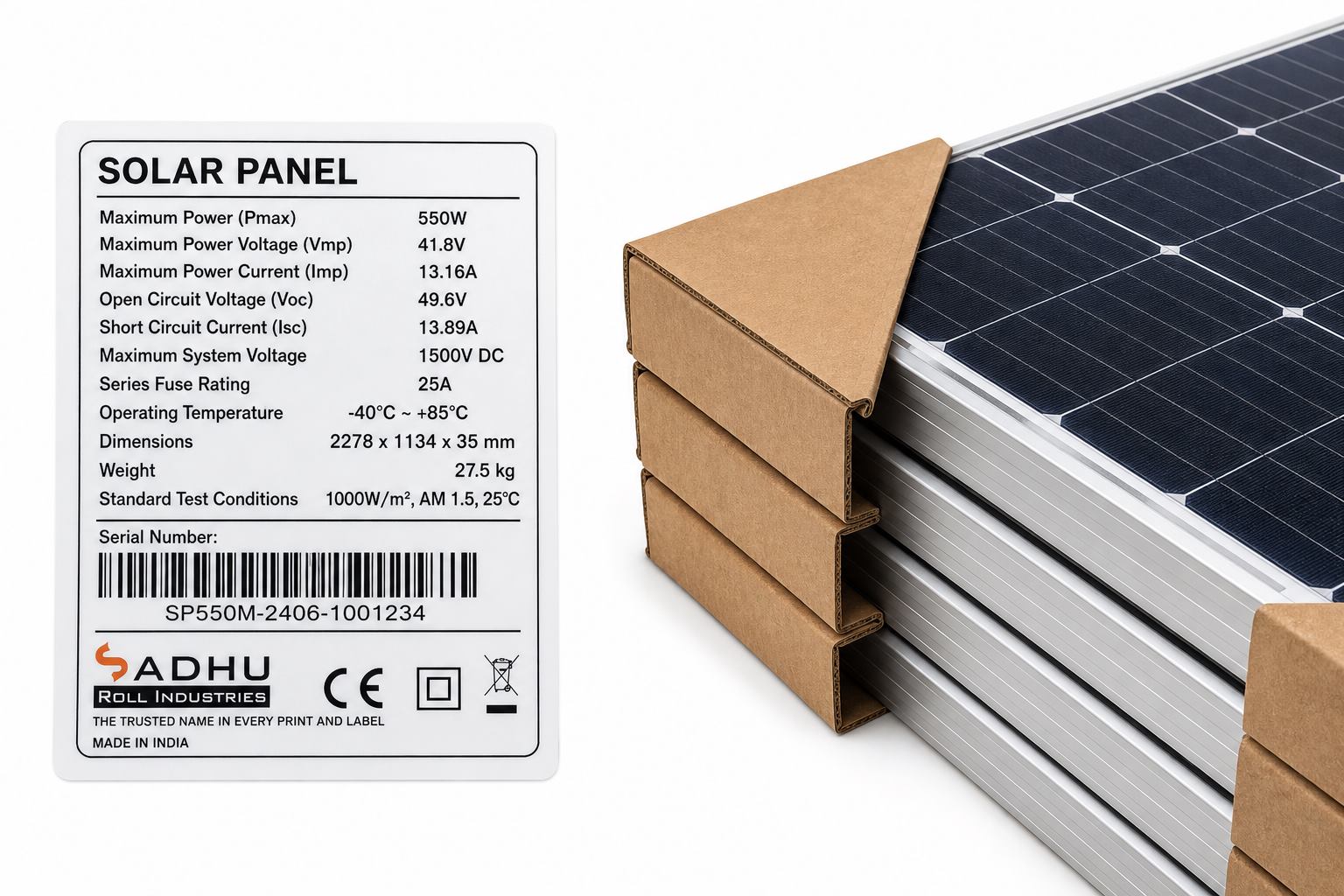 Solar panel specification labels and kraft paper frame corner protectors