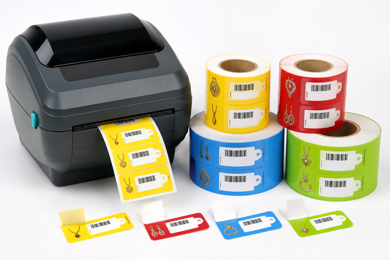 Pre-printed jewellery label tag rolls in yellow, red, blue and green