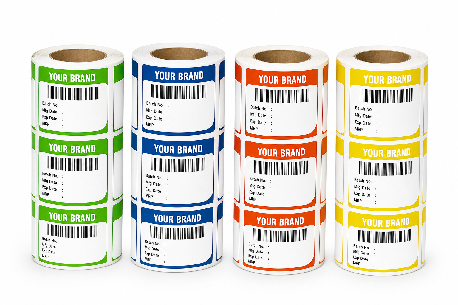 Pre-printed barcode label rolls in multiple colors on chromo paper