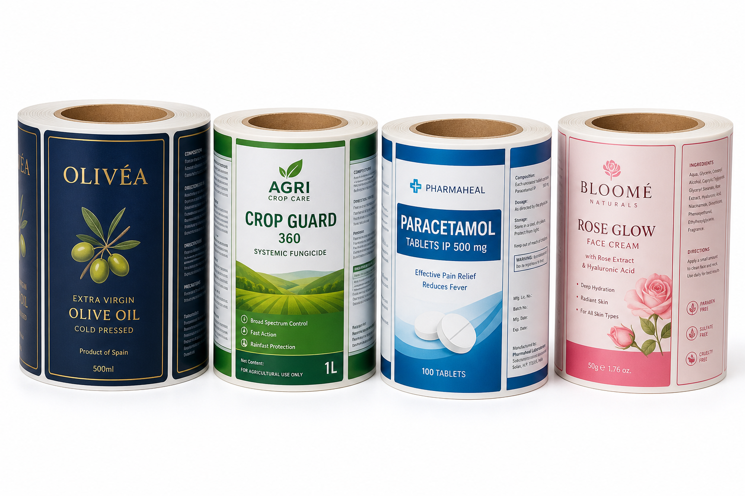Custom printed product label rolls for FMCG, pharma, cosmetics and food